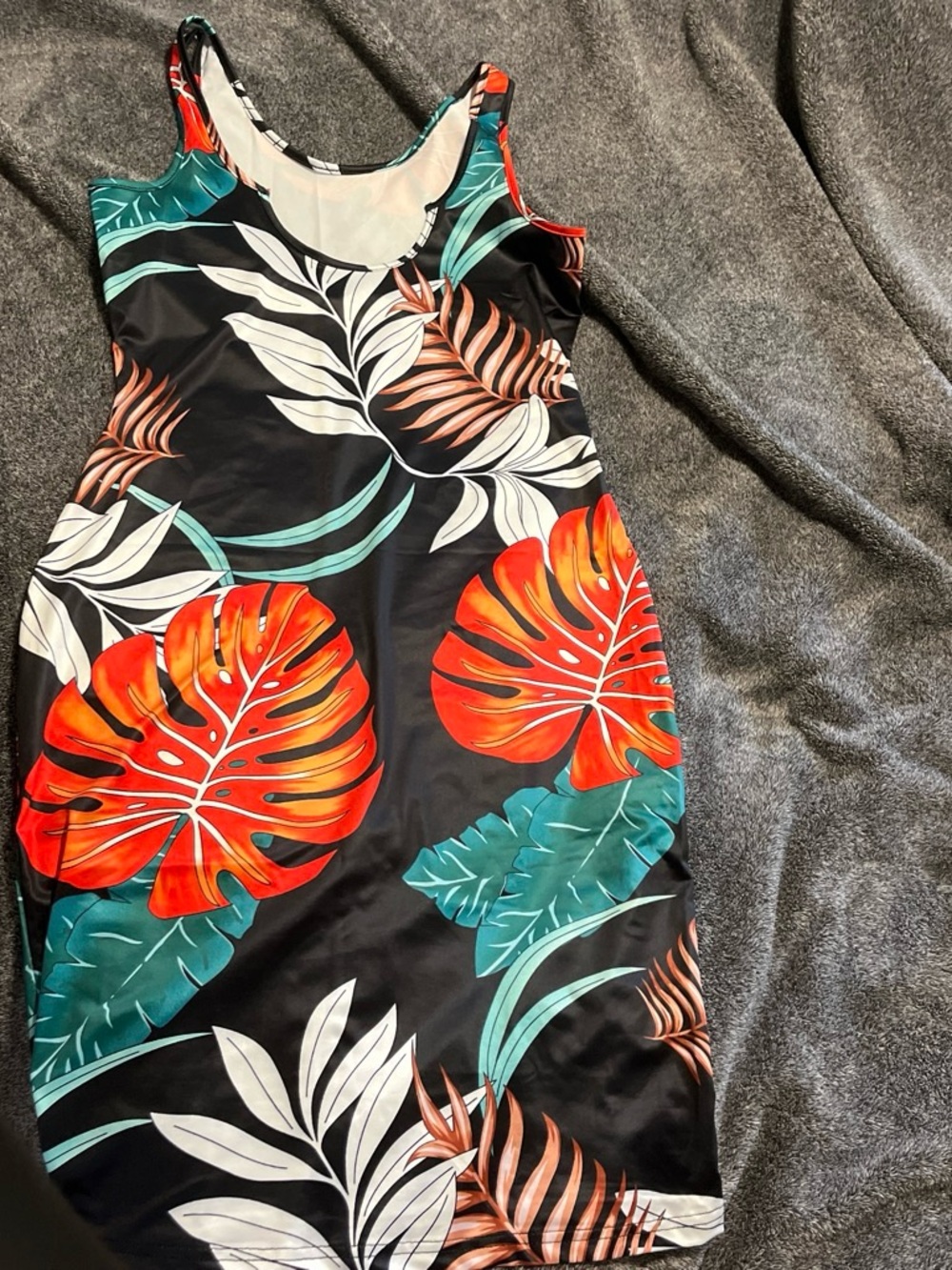 SHEIN Black Tropical Leaf Mini Dress with Red & Teal Accents